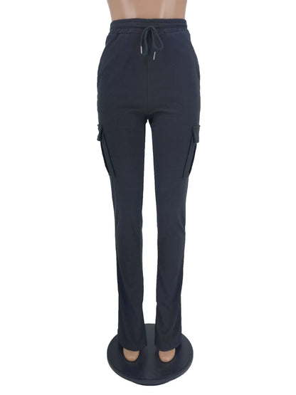 Cargo Pant Women Long Pants Sexy Slim Fit Casual Drawstring Splice Button Pocket Straight Trousers Lace Up High Elastic Waist