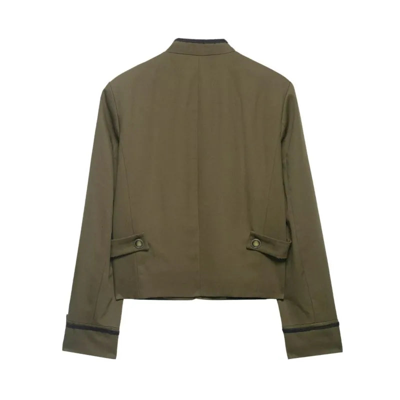 Women's Blazer with Shoulder Pads Spring High Neck Long Sleeve Button Zipper Women Oversize Coat Female Chic Tops