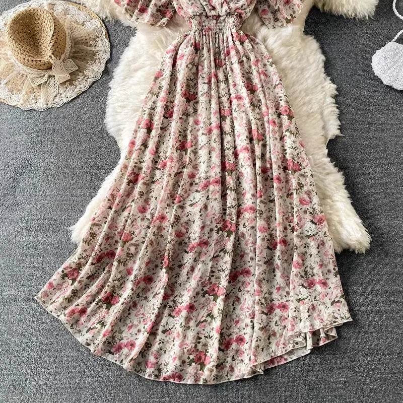 Boho Floral Print Chiffon Maxi Dress Women Sexy V Neck Short Sleeve Long Beach Dress Summer Holiday Sundress Vestidos