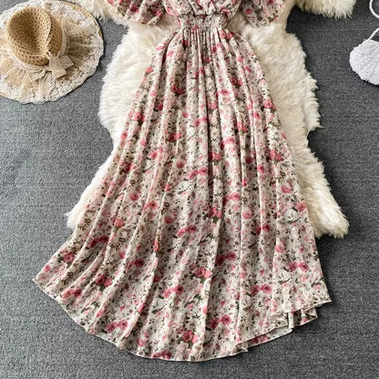 Boho Floral Print Chiffon Maxi Dress Women Sexy V Neck Short Sleeve Long Beach Dress Summer Holiday Sundress Vestidos