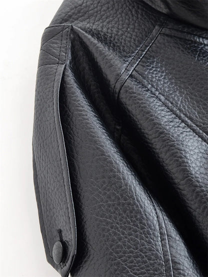 Women's Jacket Fall 2025 New Black Long Sleeve Pebble Faux Leather Jacket Motorcycle Style Personality Fashion