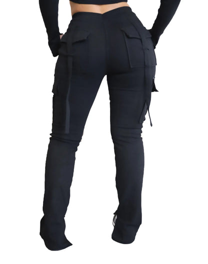 Cargo Pant Women Long Pants Sexy Slim Fit Casual Drawstring Splice Button Pocket Straight Trousers Lace Up High Elastic Waist
