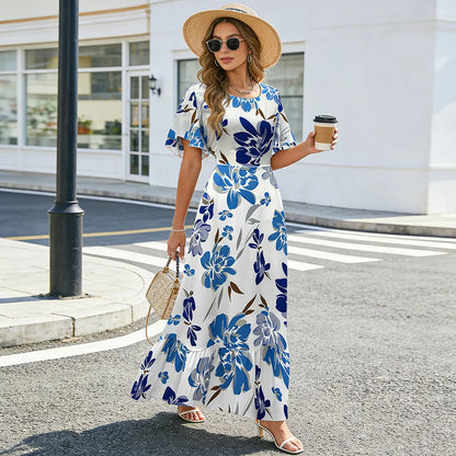 Women's   Floral Print Ruffle Sleeve Maxi Dress Summer Casual Round Neck Waist Dress