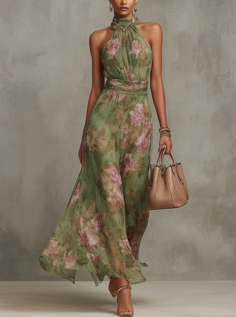 Green Floral Print Maxi Dress Sexy Elegant Halter Sleeveless Hollow Dress Ladies Summer New High Waist Boho Evening Party Dress
