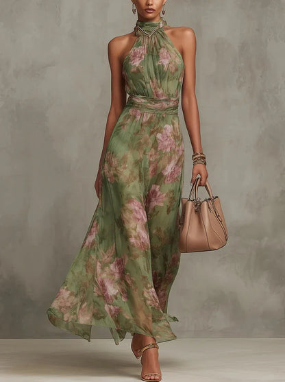 Green Floral Print Maxi Dress Sexy Elegant Halter Sleeveless Hollow Dress Ladies Summer New High Waist Boho Evening Party Dress