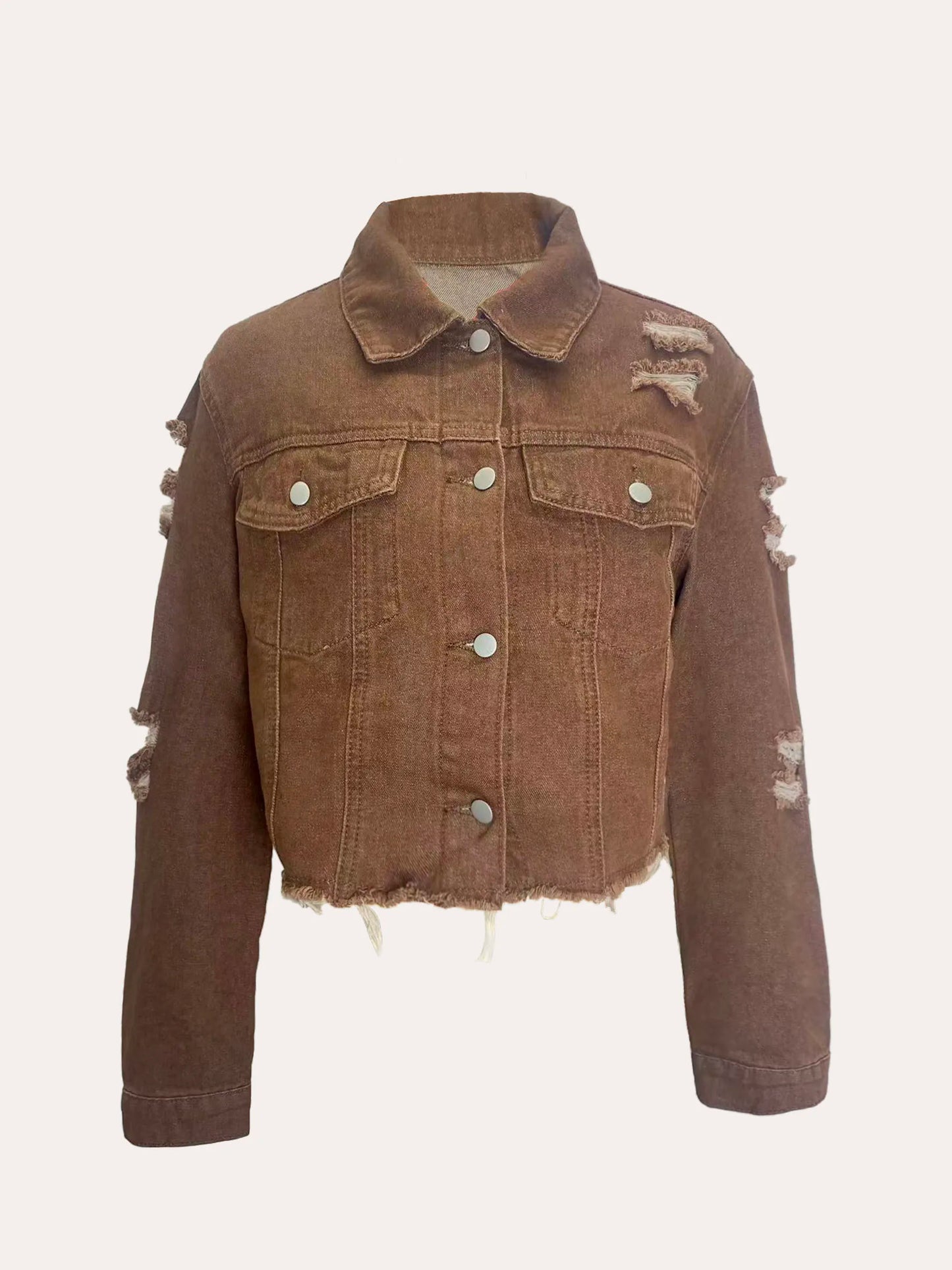 Women's  New Non-Stretch Denim Jacket Distressed Ripped Cropped Fringe Hem Casual Vintage Y2K Streetwear Button Down Coat