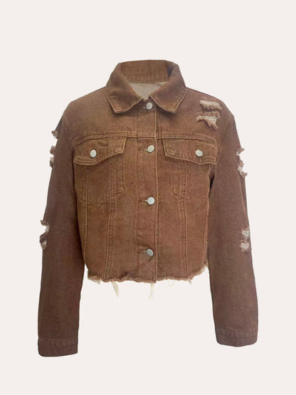 Women's  New Non-Stretch Denim Jacket Distressed Ripped Cropped Fringe Hem Casual Vintage Y2K Streetwear Button Down Coat