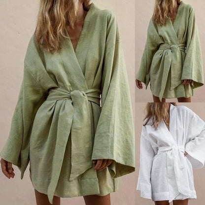 Long Sleeve V Neck Mini Dress Lace Up V Neck Belt Robe Style Short Shirt Dress Comfy Soft Chic Loose Hem Cardigan Dress