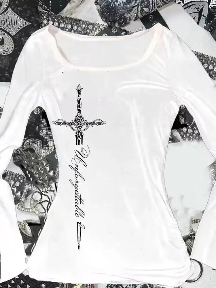Vintage T-shirt Graphic Print O Neck Long Sleeve Tee Women's Slim Fit Crop Tops Girl Emo Streetwear 2000s Y2K Grunge tops