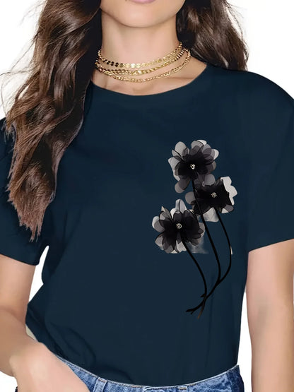Women's Casual T-Shirt - Black Floral Print Short Sleeve Crew Neck Top Lightweight Breathable Fabric Ladies T Shirts