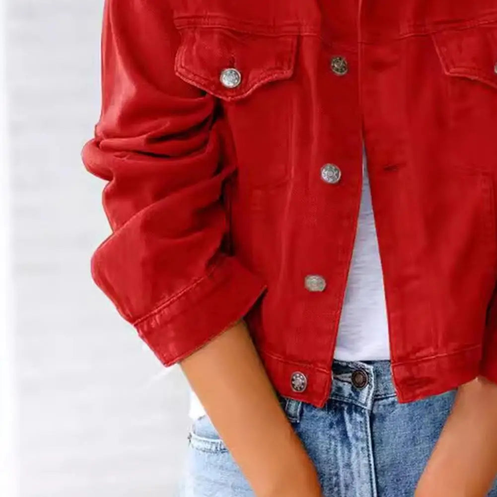 Women's Cropped Denim Jackets Vintage Retro Green Lapel Button Down Jackets With Pockets Slim Fit Autumn Casual Coats