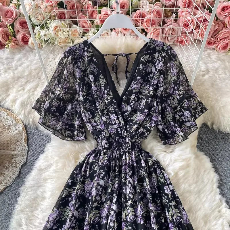 Boho Floral Print Chiffon Maxi Dress Women Sexy V Neck Short Sleeve Long Beach Dress Summer Holiday Sundress Vestidos