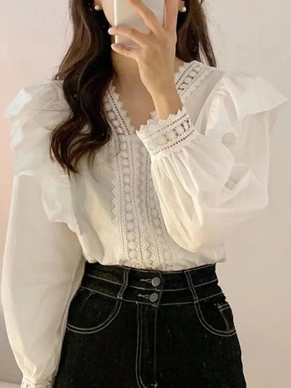 V-neck Ruffles Puff Sleeve Women Blouse Long Sleeve Tops Long Sleeve White Shirts Fashion Casual Office Lady Elegant Clothing