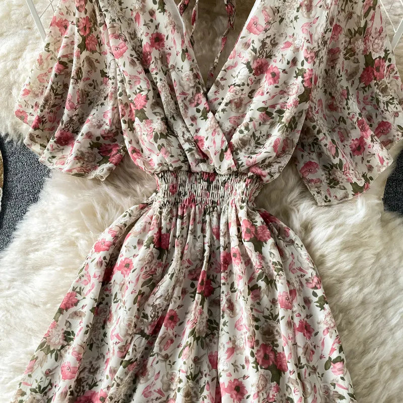 Boho Floral Print Chiffon Maxi Dress Women Sexy V Neck Short Sleeve Long Beach Dress Summer Holiday Sundress Vestidos