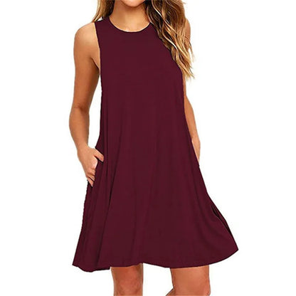 Women's Dress Summer Casual T Shirt Dresses Beach Cover up Plain Pleated Tank Pockets Dress