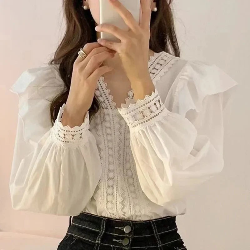 V-neck Ruffles Puff Sleeve Women Blouse Long Sleeve Tops Long Sleeve White Shirts Fashion Casual Office Lady Elegant Clothing