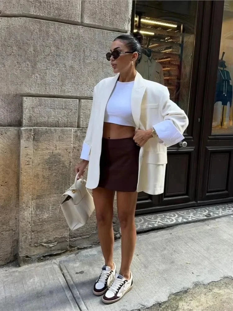 2025 Elegant Blazer Coat For Women Fashion Pockets Lapel Oversized Suit Jackets  New Autumn Office Lady Casual Loose Outerwear