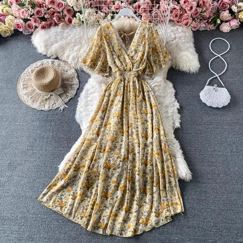 Boho Floral Print Chiffon Maxi Dress Women Sexy V Neck Short Sleeve Long Beach Dress Summer Holiday Sundress Vestidos
