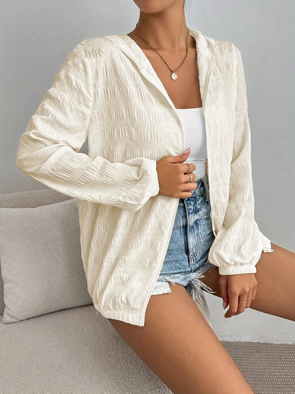Casual Apricot Textured Hoodie for Women - Lightweight Zip Up Summer Jacket, Perfect for Daily and Beach Wear