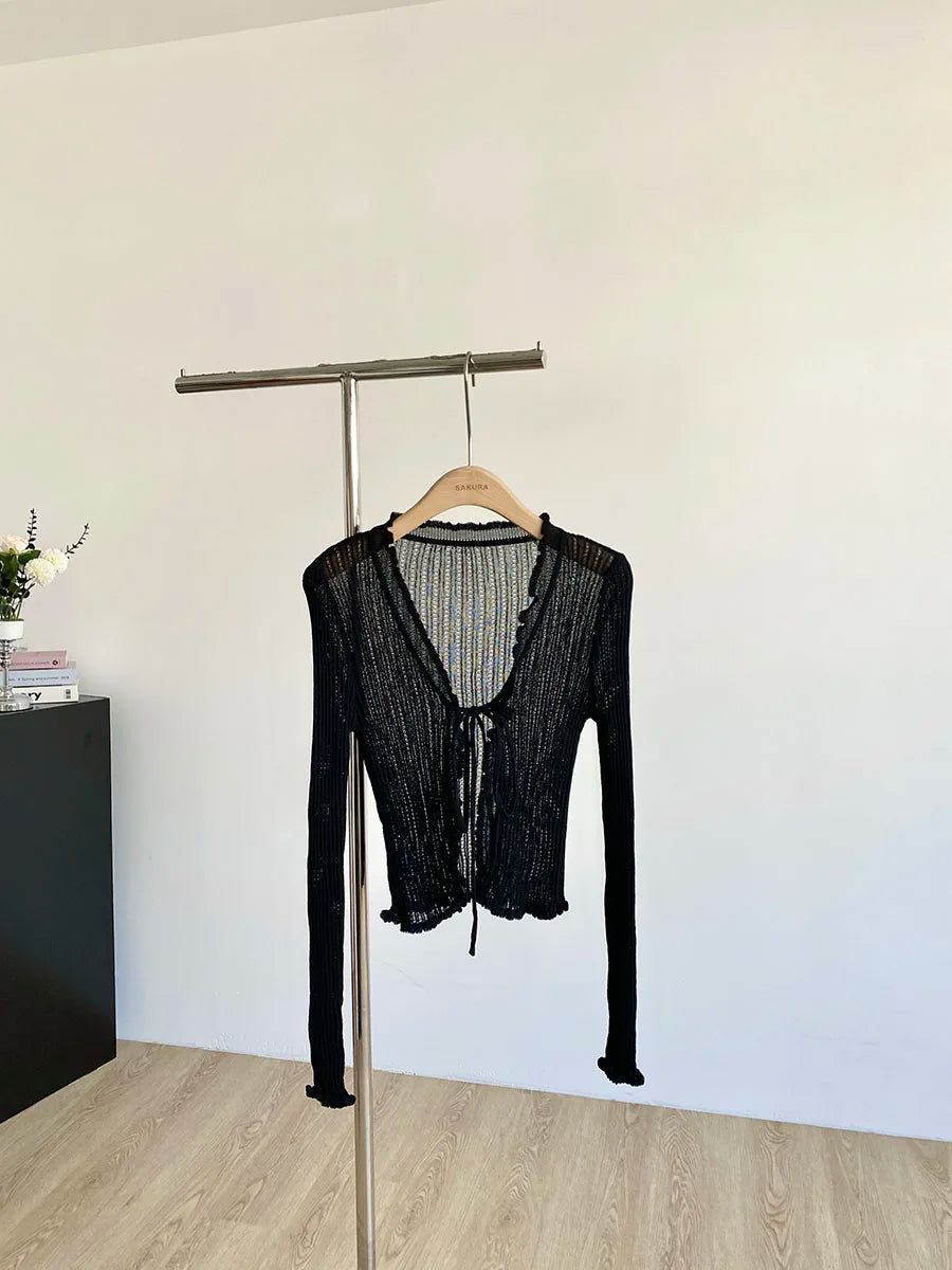Ribbed Knit Cardigan with Tie Front Ruffled Trim Crop Tops Lightweight Sheer Fitted Cardigan for Women Teen-girl Y2K Outfit
