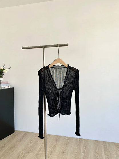 Ribbed Knit Cardigan with Tie Front Ruffled Trim Crop Tops Lightweight Sheer Fitted Cardigan for Women Teen-girl Y2K Outfit