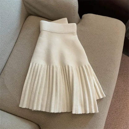 Pleated Mini Skirts Korean Sweet Knitted Skirts Sweet Elastic Waist Ladies Casual Youthful For Women's Clothes Solid Fashion New
