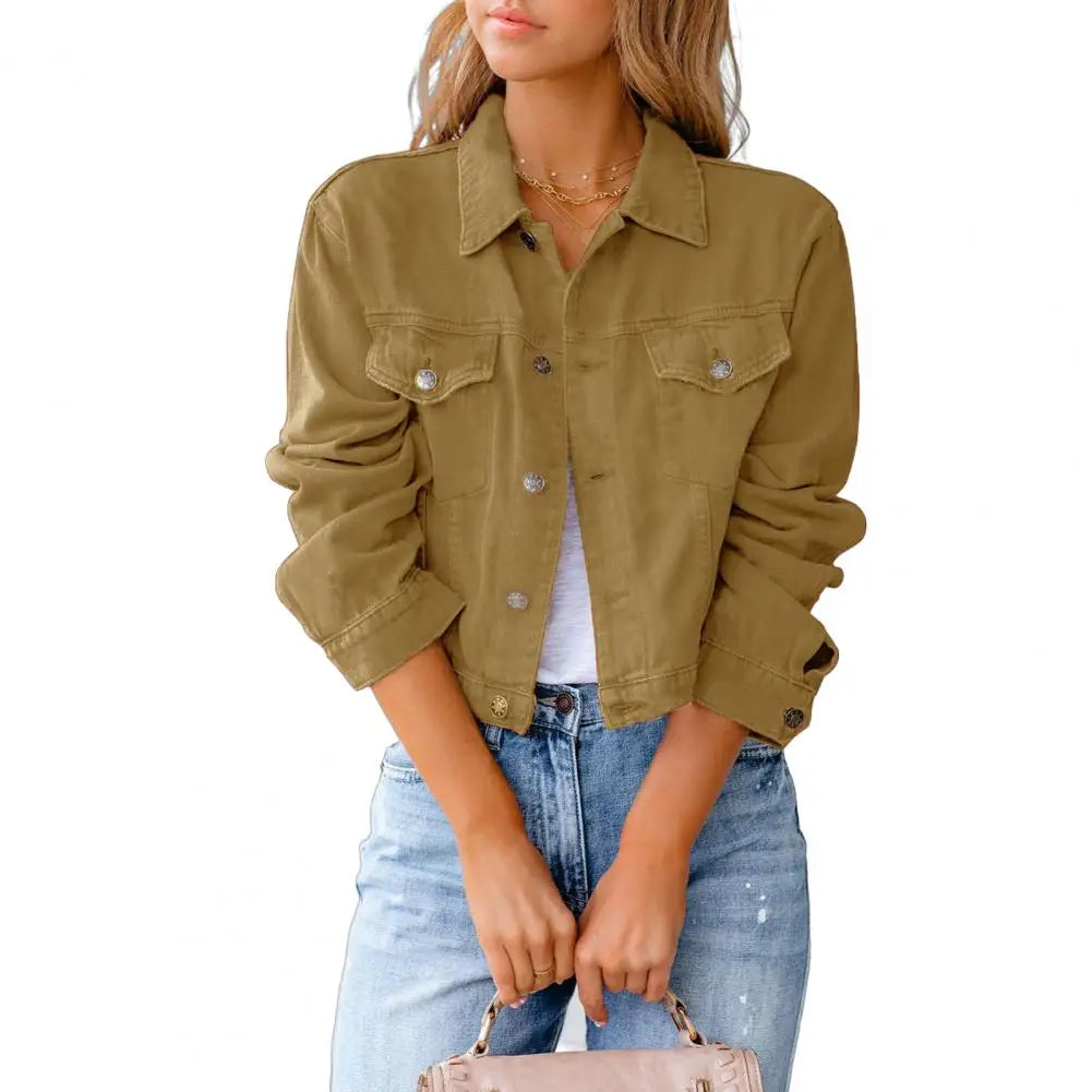 Women's Cropped Denim Jackets Vintage Retro Green Lapel Button Down Jackets With Pockets Slim Fit Autumn Casual Coats