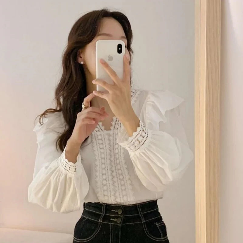 V-neck Ruffles Puff Sleeve Women Blouse Long Sleeve Tops Long Sleeve White Shirts Fashion Casual Office Lady Elegant Clothing