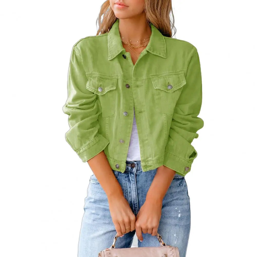 Women's Cropped Denim Jackets Vintage Retro Green Lapel Button Down Jackets With Pockets Slim Fit Autumn Casual Coats