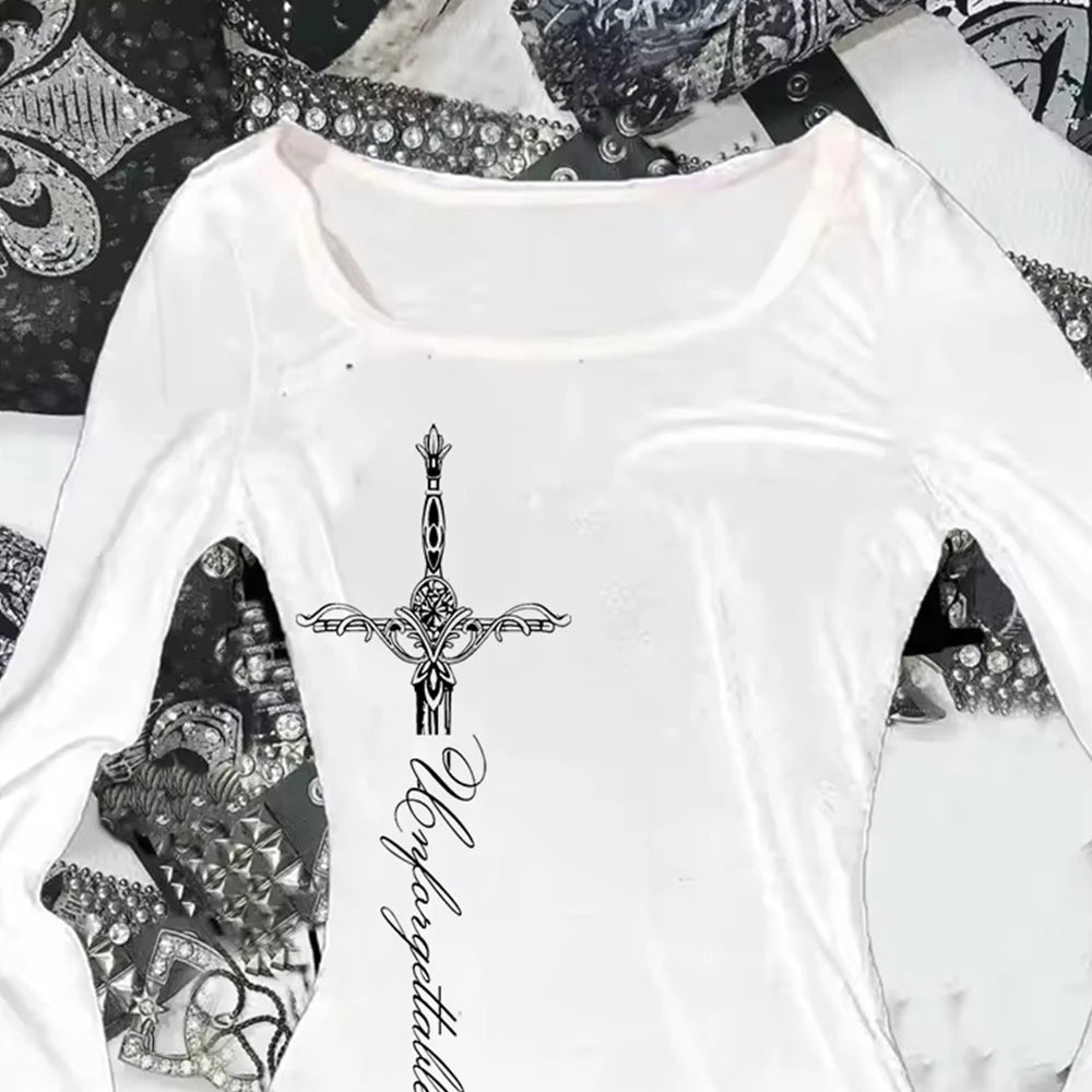 Vintage T-shirt Graphic Print O Neck Long Sleeve Tee Women's Slim Fit Crop Tops Girl Emo Streetwear 2000s Y2K Grunge tops